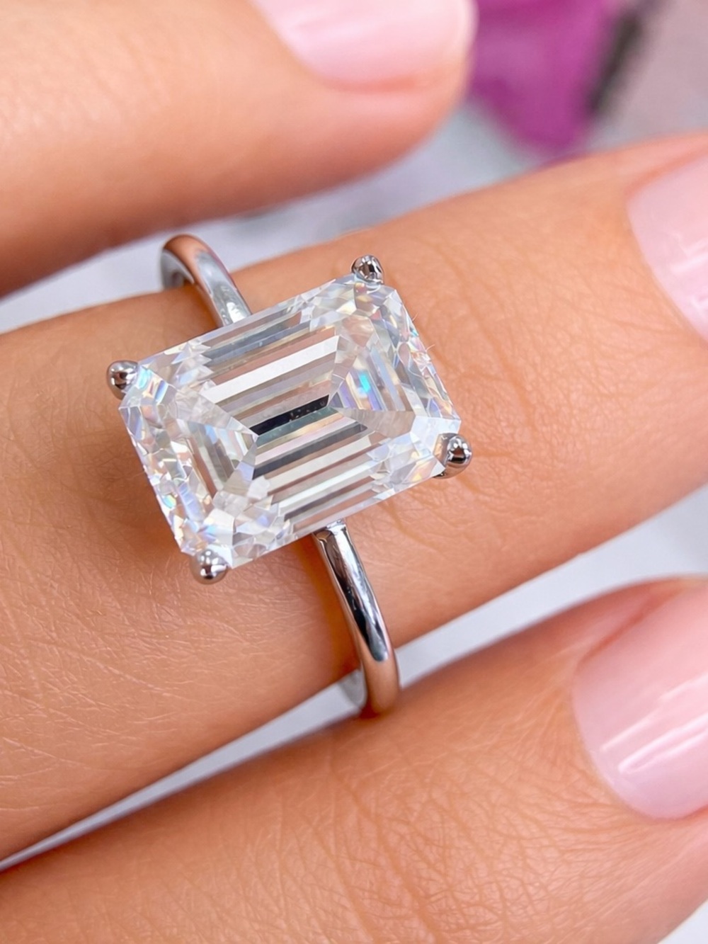 Elegant Emerald-Cut Solitaire Moissanite Ring in Silver with Clear Stone 1.75CT